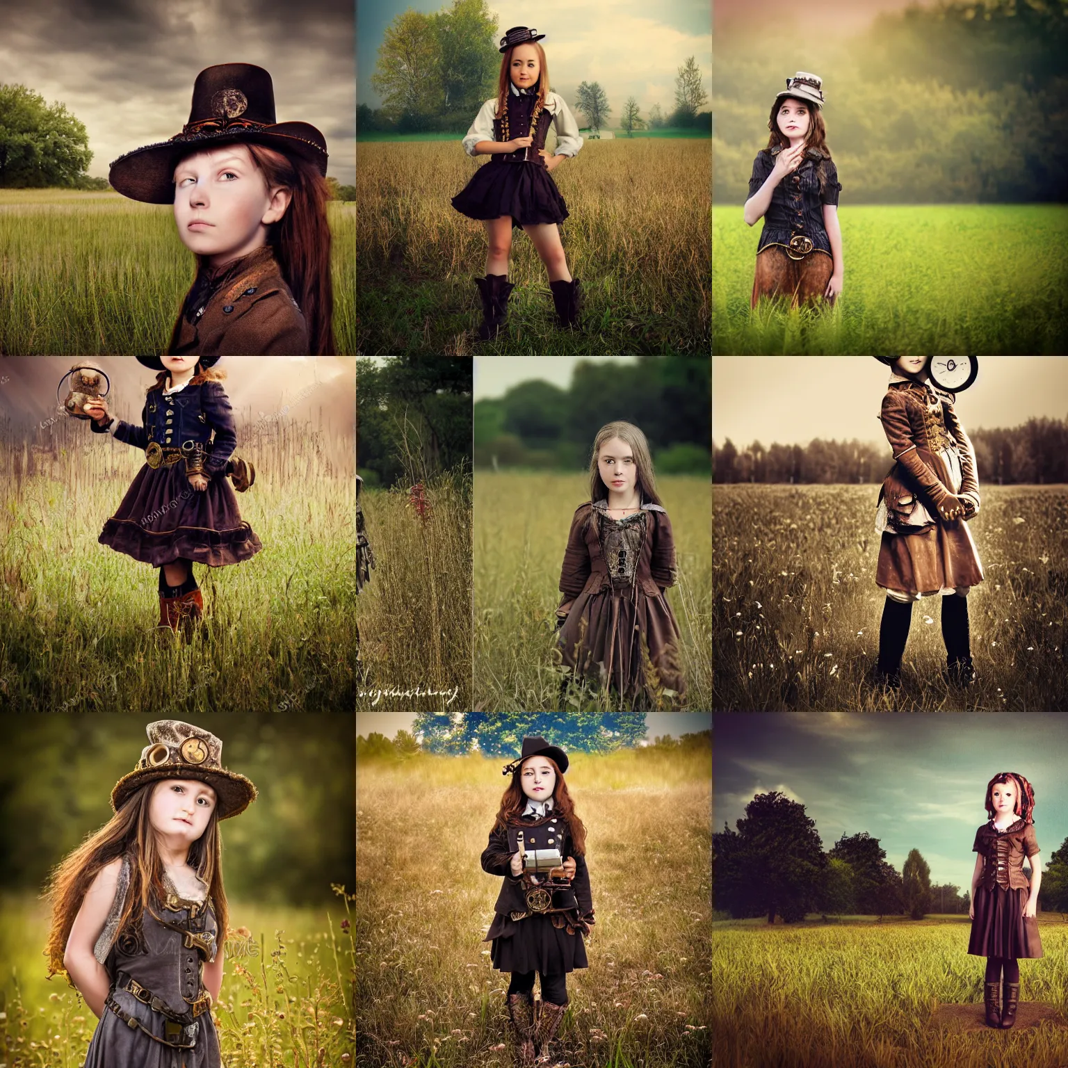 Prompt: steampunk photoreal portrait of curious girl standing in field looking at camera.