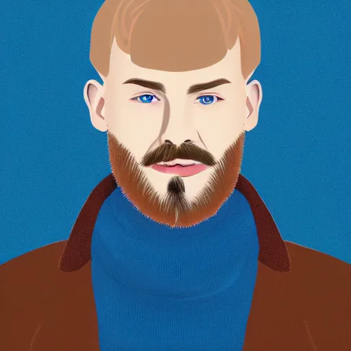 Prompt: A gangly british man, with short blond hair and short blond beard wearing a blue jacket and brown turtleneck , blue eyes, pale skin, English heritage, digital art, cartoon, mid-shot, 8k