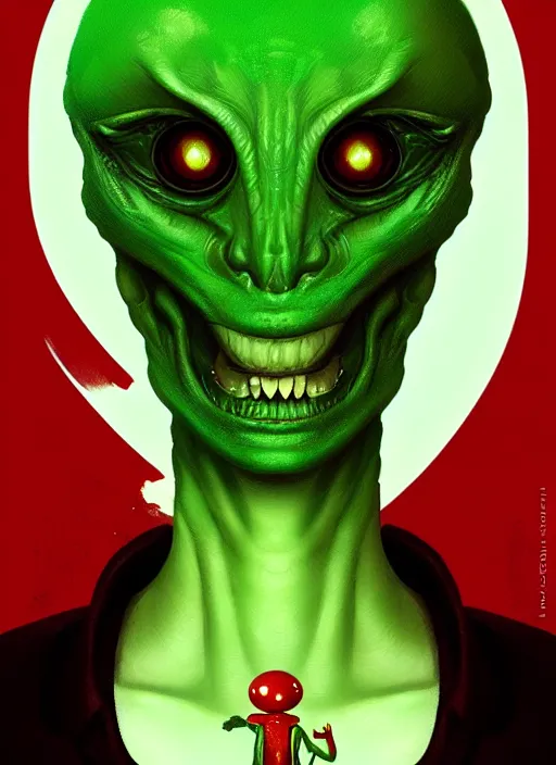 Image similar to portrait of smoking green alien, red short hair, highly detailed, digital painting, artstation, concept art, sharp focus, illustration, art by wlop, mars ravelo and greg rutkowski