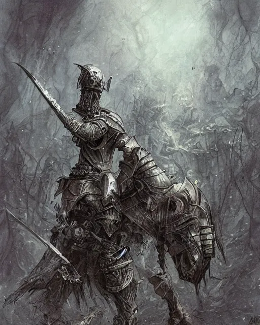 Prompt: a hyper realistic painting of a fantasy undead knight in old broken armor, pale colors, fog, dark fantasy, cinematic lighting, nighttime, by rebecca guay