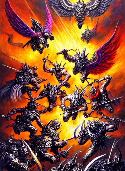 Image similar to dynamic bibilical depiction battle scene of aggressive winged silver warriors with fire crowns, d & d, muscular! crossfit, fitness, tight wrinkled cloath, vivid color scheme, atmospheric perspective, fantasy, intricate, elegant, highly detailed, digital painting, smooth, sharp focus, art by ed emshwiller and jesper ejsing