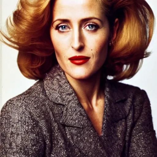 Prompt: photo of a gorgeous 40-year-old Gillian Anderson with 1980s hairstyle by Mario Testino, detailed, head shot, award winning, Sony a7R -