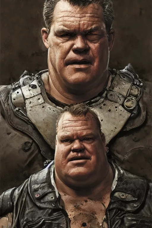 Image similar to upper body portrait of josh brolin as baron harkonnen, wearing old tattered leather spacesuit, dystopian science fiction, dark, horror, illustration by norman rockwell, hans baluschek, artstation character art, dynamic expression, john william waterhouse, concept art, greg rutkowski