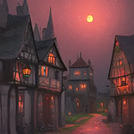 Image similar to A quaint, medieval magical village at night, digital painting by Alena Aenami, trending on artstation