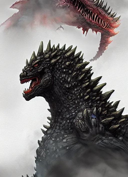 Image similar to portrait of angry godzilla, beautiful face, hyper realistic, highly detailed, digital painting, artstation, illustration, concept art by hyung tae and frank frazetta, digital paint, matte paint, washed colors, eating cakes, dark, gloomy, foggy