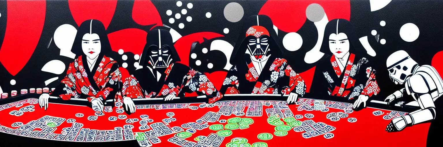 Image similar to hyperrealism composition of the detailed woman in a japanese kimono sitting at an extremely detailed poker table with darth vader and stormtrooper, fireworks on the background, pop - art style, jacky tsai style, andy warhol style, acrylic on canvas