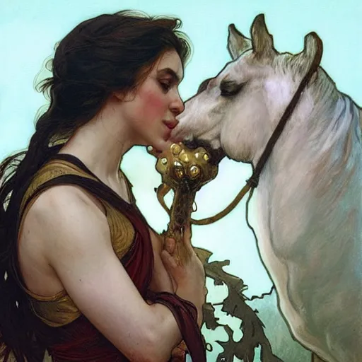 Image similar to young alison brie kissing a man - horse, painted by artgerm and greg rutkowski and alphonse mucha. clear highly detailed face, beautiful fantasy art,