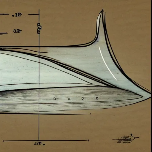 Image similar to blueprint sketch of a beautiful surfboard painted by leonardo da vinci, technical sketch, high detail, charocal drawing, firewire gofish, pukas surfboards, channel island surfboards