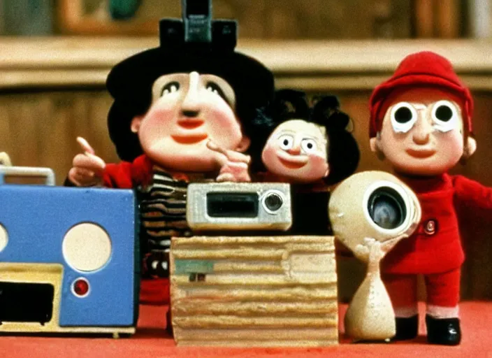 Image similar to a scene from a 1 9 8 0 s british kids tv programme by the bbc and oliver postgate, stop motion animation, postman pat, vhs distortion, folk horror, hauntology