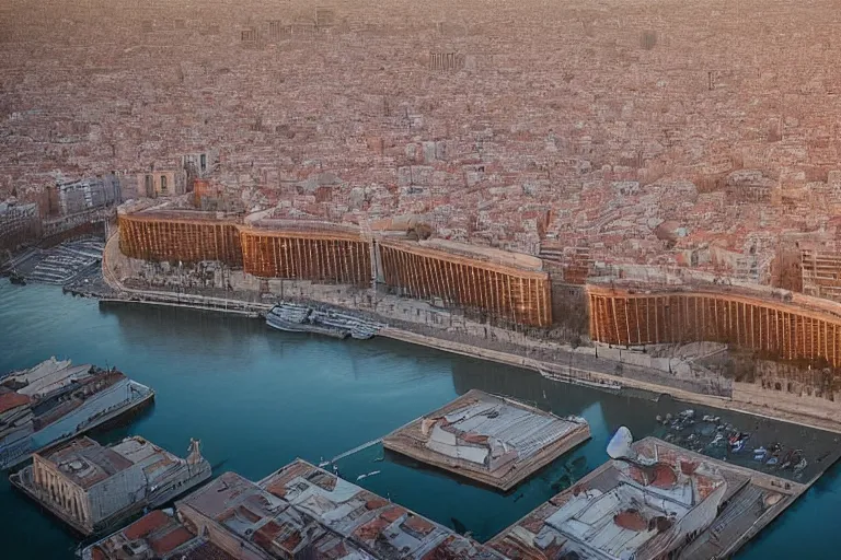 Image similar to views of catastrophic barcelona's buildings covered with high water, people on boats, floating cars, sunset lighting, photo real