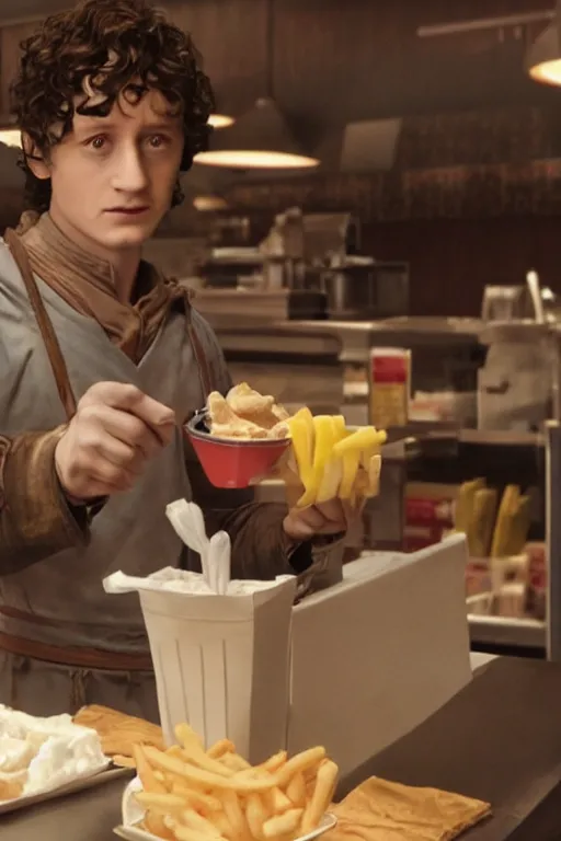 Image similar to film still of frodo working at mcdonalds in the new avengers movie, oil on canvas, intricate, 8 k highly professionally detailed, hdr, cgsociety