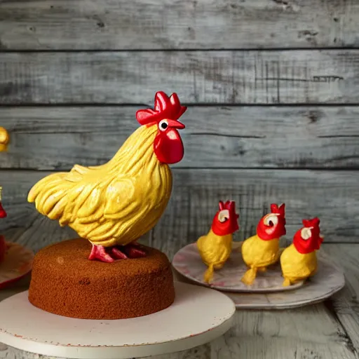 Prompt: there is a birthday cake in a barnyard. the cake has exactly 3 candles. there is 1 rooster to the left of the cake. there is 1 newly hatched light colored downy baby chick to the right of the cake. Nobody else is near.