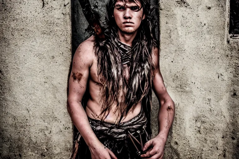 Prompt: character and environment photography, portrait shamanistic infested 2 0 - year - old male barbarian, messy hair, old tattered armor, medium shot, wide angle, 2 0 0 px, full front, natural light