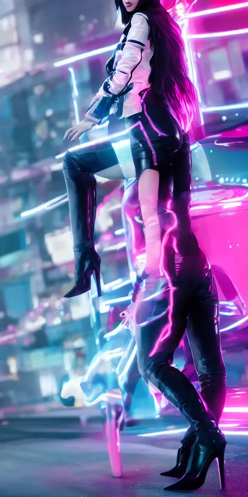 Prompt: a photo of 8k ultra realistic a black haired female in high heels and a black leather jacket, pink and blue neon, cinematic lighting, trending on artstation, 4k, hyperrealistic, focused, extreme details, unreal engine 5, cinematic, masterpiece