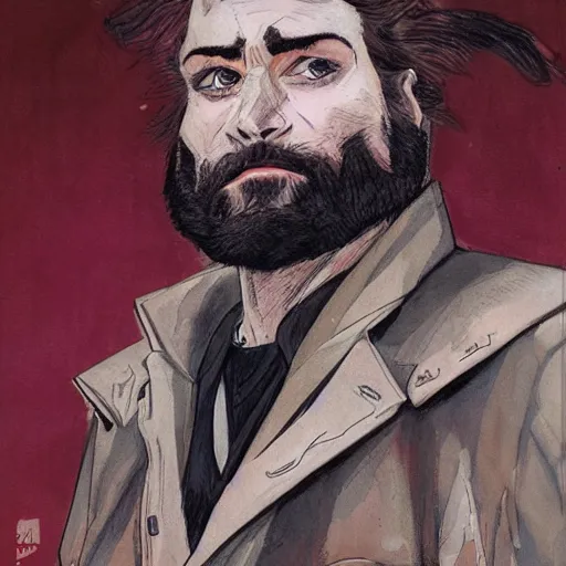 Image similar to portrait of a young bearded man, in the style of Enki Bilal and Joe Jusko and Alex Ross