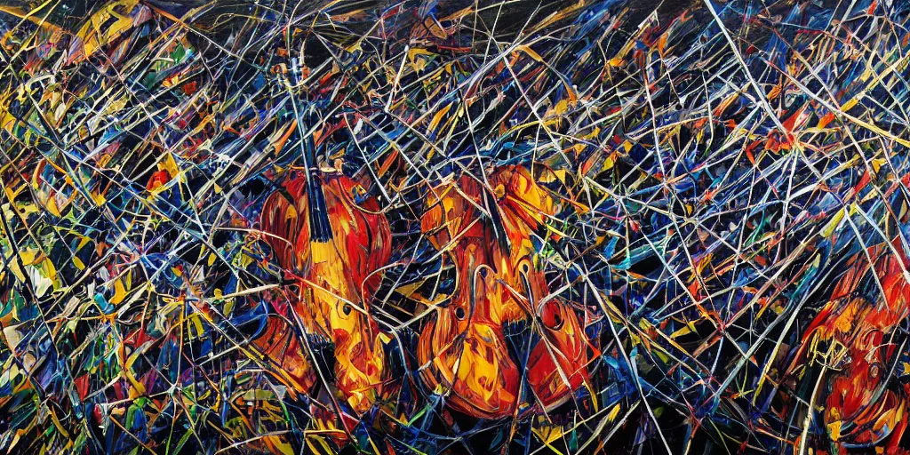 Image similar to an ultra detailed oil painting where the strings section of a symphony is interpreted by applied paint strokes, hyper - detailed, structured, grid, sheet music, pops of triadic colors, jackson pollock, pierre soulages