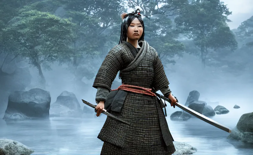 Prompt: highly detailed 3 d render of native japanese woman shinobi warrior standing in wet japanese village from sengoku period, surrounded by dense rock formations, high in mountains, blue night, cinematic lighting, photobash, raytracing, high contrast