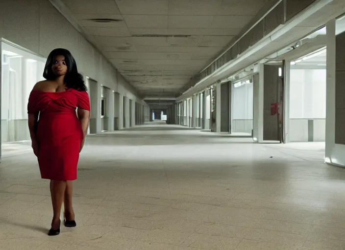 Prompt: cinematic shot of octavia spencer in an abandoned mall, iconic scene from the paranoid thriller sci fi film directed by stanley kubrick, 2 4 mm anamorphic lens, moody strange cinematography, beautiful composition, color theory, leading lines, photorealistic, moody volumetric lighting