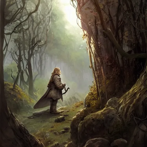 Image similar to A beautiful digital painting of a 30 year old hobbit dressed as a hobbit in the mirkwood forrest holding sting the sword looking at the camera by Stanley Artgerm Lau, frank frazetta, Rossdraws, James Jean, gerald brom, Andrei Riabovitchev, Marc Simonetti, and Sakimichan, trending on artstation, SFW version