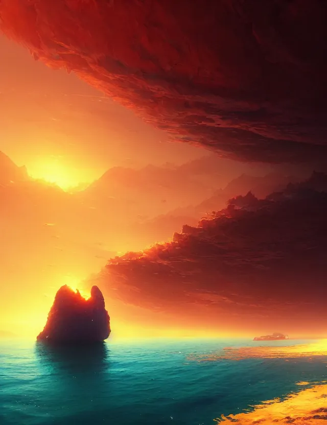 Prompt: ghost above a red sea with clear sky, artwork by tooth wu and wlop and alena aenami and greg rutkowski