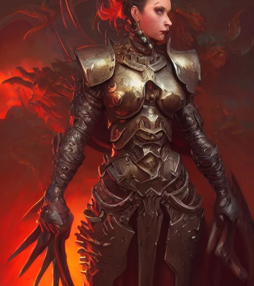 Prompt: demons, full armor, full body portrait, gentle, female, city landscape, d & d, fantasy, intricate, elegant, highly detailed, digital painting, red gold color palette, artstation, octane render, concept art, matte, sharp focus, illustration, hearthstone, art by artgerm and greg rutkowski and alphonse mucha