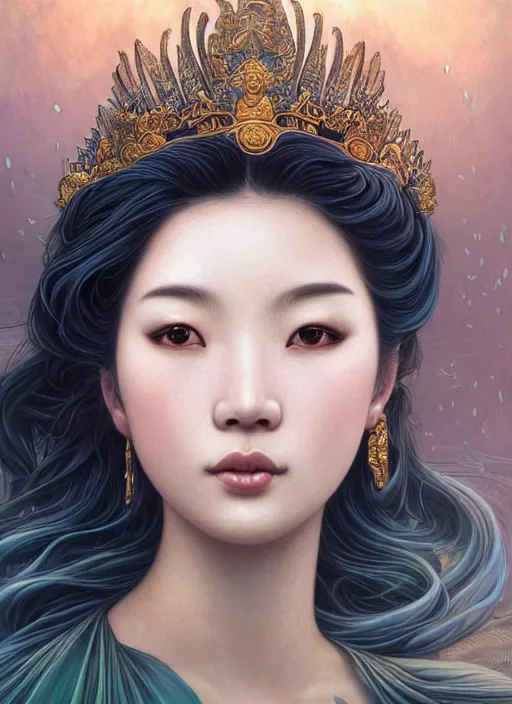 Prompt: asian goddess of the koi!! portrait of a seductive queen in underwater murky light, wind blown hair! fantasy esoteric, closeup, d & d, fantasy, intricate, elegant, highly detailed, digital painting, artstation, concept art, matte, sharp focus, illustration, art by artgerm and tom bagshaw and greg rutkowski and alphonse mucha