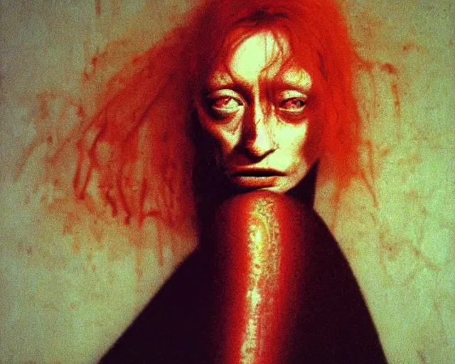 Image similar to by francis bacon, beksinski, mystical redscale photography evocative, full eyebrows lips. kat dennings uma thurman christina hendricks tilda swinton