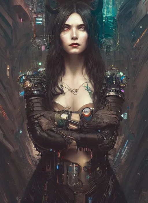 Image similar to a beautiful illustration of a cyberpunk witch with horns in head, intricate, sharp focus, illustration, highly detailed, digital painting, concept art, matte, art by wlop and artgerm and greg rutkowski and alphonse mucha, masterpiece