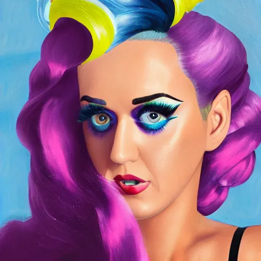 Image similar to oil painting katy perry lashes out at the media while wearing a pink - lemonade and sea blue skin - tight reflective dress, public freak - out, los angeles 2 0 1 5