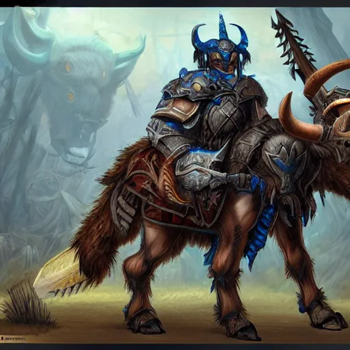 Image similar to minotaur tauren warrior, black fur blue eyes, plate armor battle axe, fantasy concept art