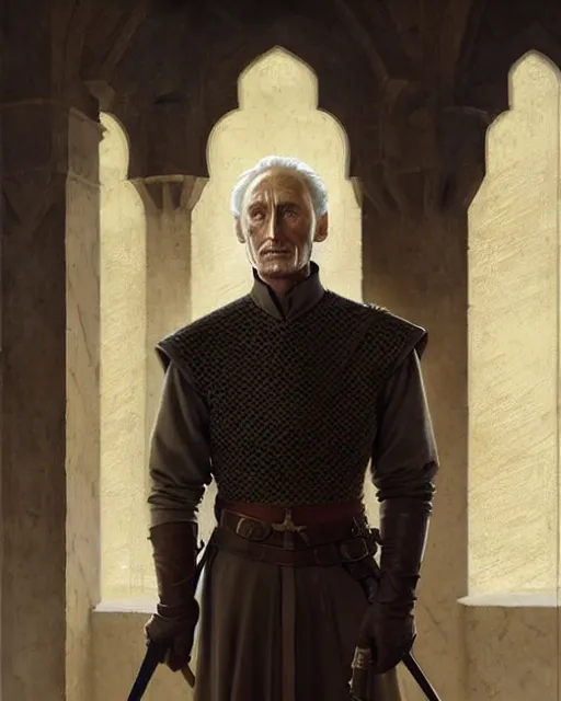 Image similar to middle ages, tywin lannister discusses war strategy with his military advisors, council chambers, game of thrones | | realistic shaded, fine details, realistic shaded lighting painting by greg rutkowski, diego gisbert llorens, magali villeneuve, artgerm, jeremy lipkin, michael garmash, rob rey