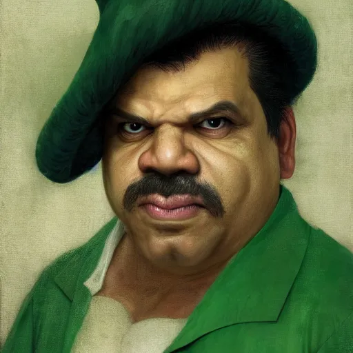 Prompt: hyper realistic, realistic - anime, portrait, beautifully rendered, luis guzman as luigi wearing green, smirking deviously, luigi, luigi's nose, painted by jan van eyck, albrecht durer, gustave courbet, greg rutkowski, wlop, artgerm, dishonored 2,