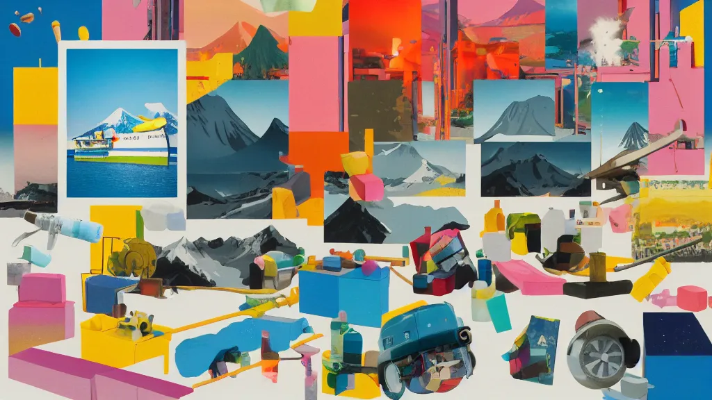 Image similar to an arrangement of explorer traveller props, hokkaido prefecture japan, a collage painting, in the style of wes anderson, lola dupre, okuda, david hockney, isolated on negative white space background dark monochrome neon spraypaint accents volumetric octane render