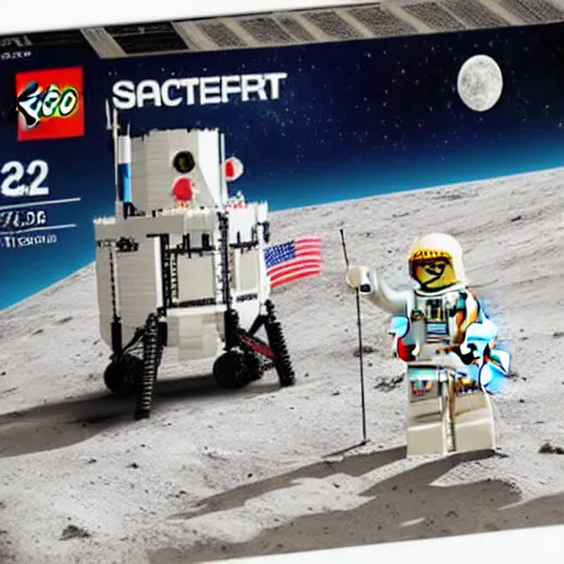 Prompt: Box art for a LEGO set of a film set of the moon landing