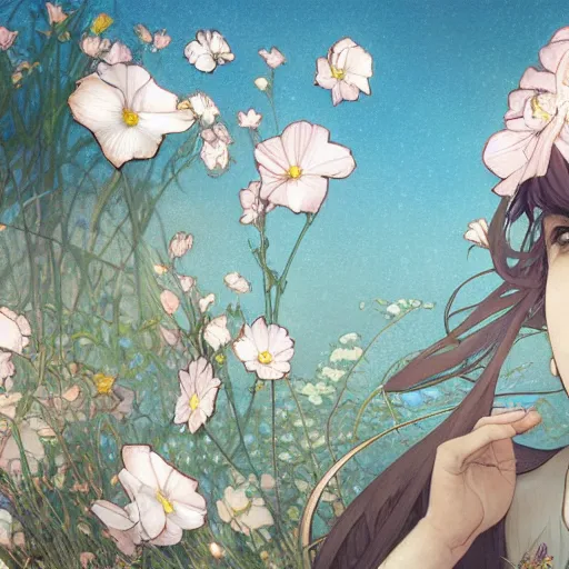 Image similar to looking up as flower petals flow gently as a breeze blows them from left to right on a cloudy day with blue skies, art by artgerm and greg rutkowski and magali villeneuve and alphonse mucha and rossdraws and makoto shinkai, d & d, fantasy, highly detailed, digital painting, trending on artstation, concept art, sharp focus, illustration