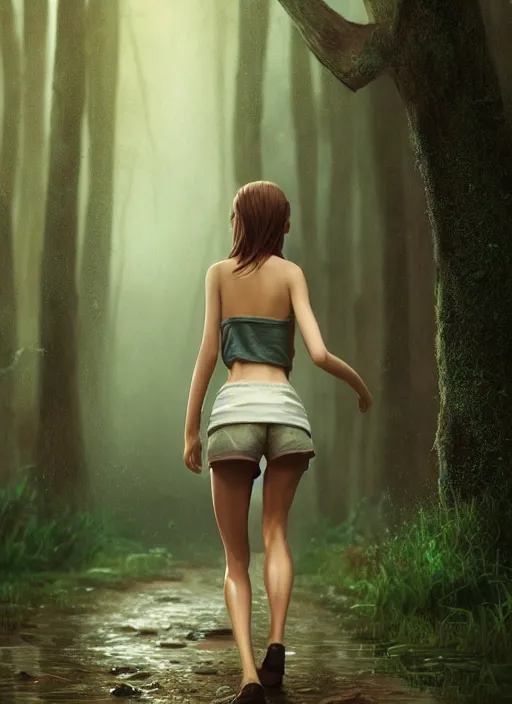 Prompt: young woman walking : : shorts wet shirt : : raining forest nature : : weta disney pixar movie still photo : : decadent highly - detailed digital painting, full length shot, golden ratio, octane render, artstation, smooth, sharp focus, artgerm, mucha, loish, wlop, gogo