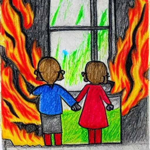 Image similar to crayon drawing, house on fire, little girl, fading parents, holding hands
