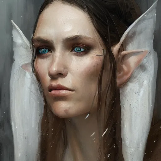 Image similar to A detailed oil portrait of an elf woman with small copper horns wearing a simple white robe, by greg rutkowski, trending on artstation, dungeon and dragons art