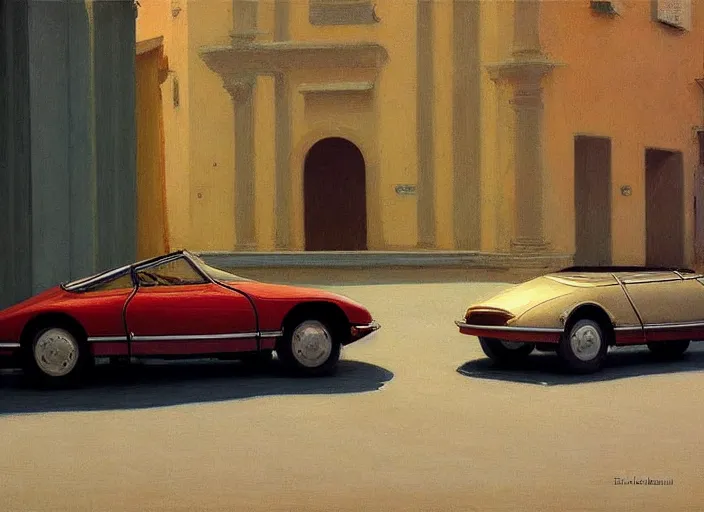 Image similar to a beauty woman stands at citroen ds 1 9 in rome, highly detailed, soft lighting, elegant, by edward hopper and james gilleard, zdzislaw beksinski, steven outram, highly detailed