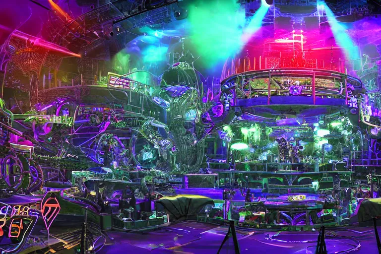 Prompt: a concert stage with audience, on stage is a rockband with 3 steampunk robots with guitars and drums, center of the stage is a big futuristic steampunk generator with gears and belts and tubes, laser show, 8 k, fluorescent colors, halluzinogenic, multicolored, exaggerated detailed, unreal engine