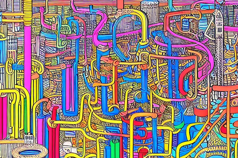 Image similar to an elaborate penned child illustration of a colorful intricate connected city of tubes and pipes, by martin handford and by jan van haasteren