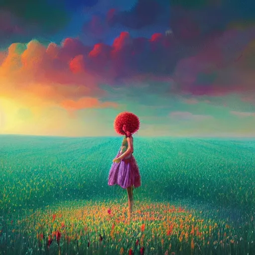 Image similar to big flower afro, full body, girl standing in the middle of a field with flowers, surreal photography, hills, sunrise dramatic light, impressionist painting, colorful clouds, digital painting, pointillism, artstation, simon stalenhag