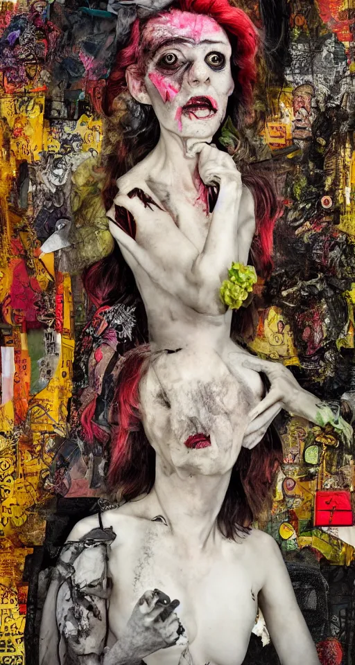 Prompt: Portrait of a Grotesque Bride, dramatic lighting, collage art, mixed media, hypermaximalist, photo realistic, 8k