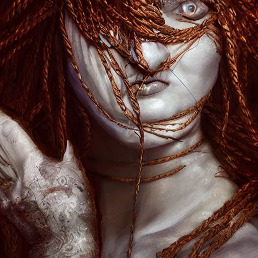 Image similar to portrait of a Shibari rope wrapped face and neck, headshot, insanely nice professional hair style, dramatic hair color, digital painting, of a old 15th century, roman soilder, amber jewels, baroque, ornate clothing, scifi, realistic, hyperdetailed, chiaroscuro, concept art, art by Franz Hals and Jon Foster and Ayami Kojima and Amano and Karol Bak,