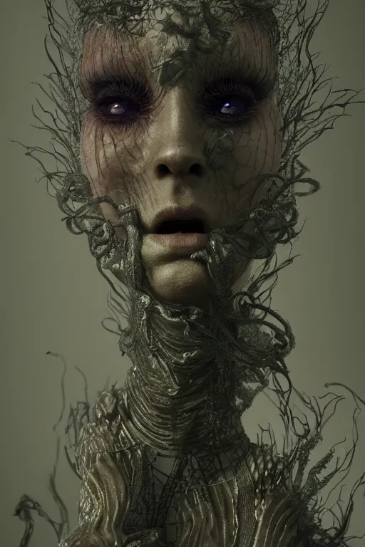 Image similar to 3 5 mm colour, emma bot queen, evil princess, hyperrealism, octane render, weird, odd, strange, creepy, extremely detailed, intricate smoke magic, lace, silk, style of david cronenberg, hyung tae, frank frazetta