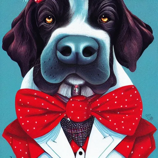 Image similar to portrait illustration of funny dog in the white tuxedo and red tie by jeremiah ketner, quint buchholz, wlop, dan mumford