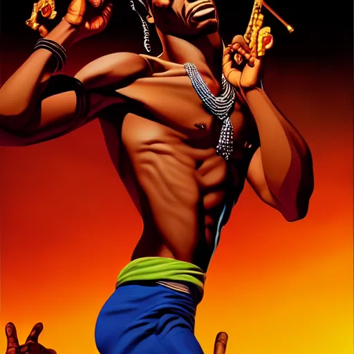 Image similar to fela kuti by clyde caldwell, ilya kuvshinov, rossdraw, very detailed, dramatic colors, 4 k