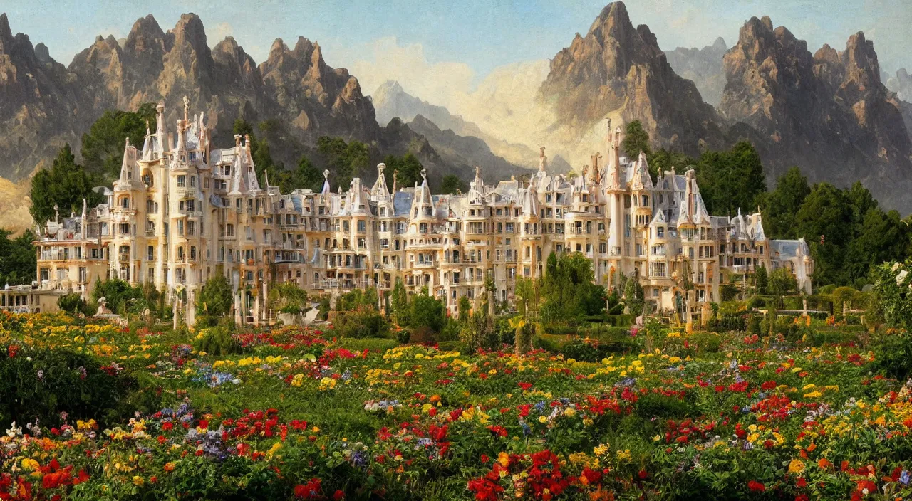 Image similar to a manor designed by Antoni Gaudí, with flower fields as foreground, with mountains as background, by Thomas Cole