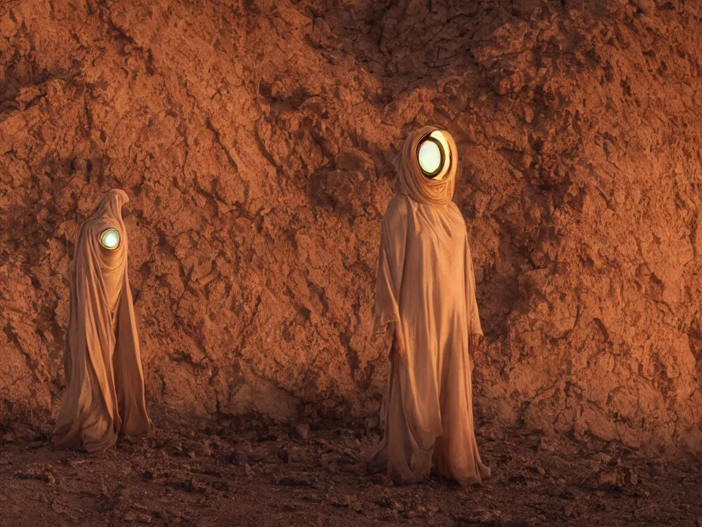 Image similar to levitating glowing bene gesserit in full - face golden mask and glowing eyes in a dry rocky desert landscape, sunny atmosphere, fata morgana giant mirrors, portal, death stranding, spaceship in the sky by christopher doyle and alejandro jodorowsky, anamorphic lens, kodakchrome, cinematic composition, very detailed photo, complex structures, 8 k,