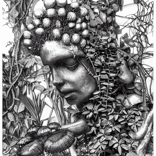 Image similar to botanical sketch of The thinker sculpture with a mechanical/cybernetic head, mushrooms and peyote/san pedro at the base, surrounded by a lush jungle and morning glory vines, high detail, b&w,